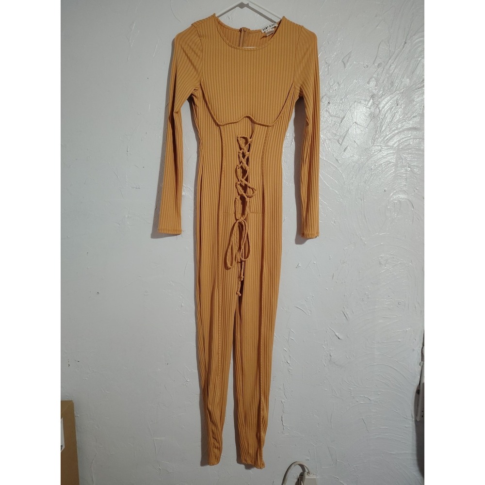 Bump Biddy Jumpsuit Ladies M Gold Maternity Lace Up Body Con Evening Stretch